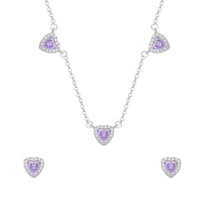 Conjunto Prateado de Coração Lilás Cravejado de Zircônia